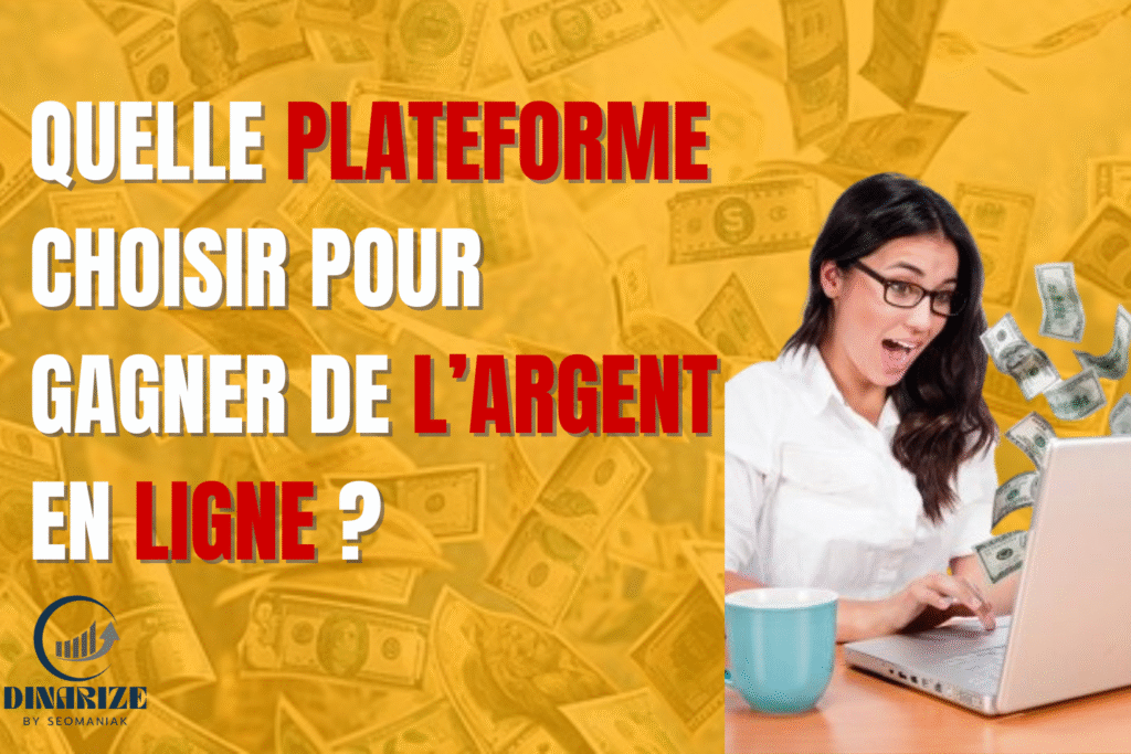 Femme surprise devant son ordinateur avec des billets en arrière-plan – illustrant la découverte des plateformes en ligne.