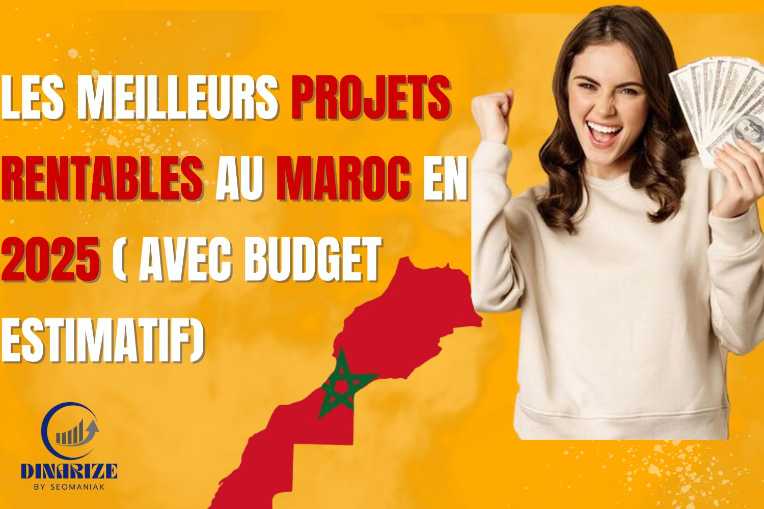 Visuel promotionnel coloré avec un fond orange, illustrant une femme souriante tenant des billets de banque à la main. À gauche, le texte en gras indique : « Les meilleurs projets rentables au Maroc en 2025 (avec budget estimatif) »