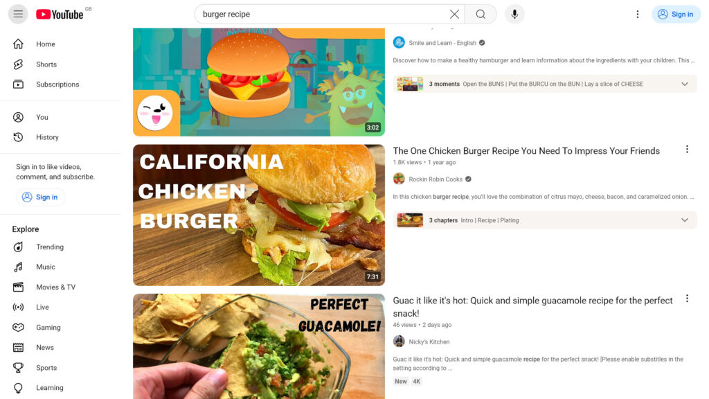 Interface YouTube montrant des vidéos de tutoriels et chaînes monétisées