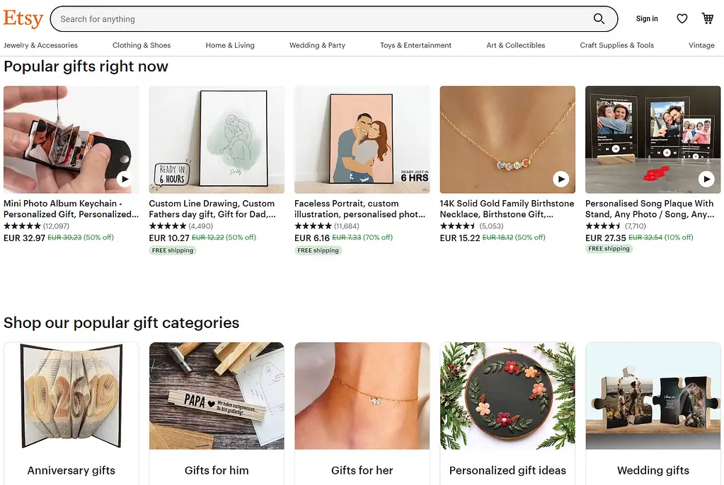 Interface Etsy affichant des bijoux artisanaux et objets faits main en vente
