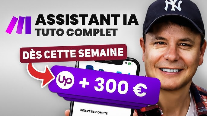 Miniature YouTube montrant un influenceur avec casquette NY, promouvant un assistant IA avec la promesse de gagner 300€ dès cette semaine