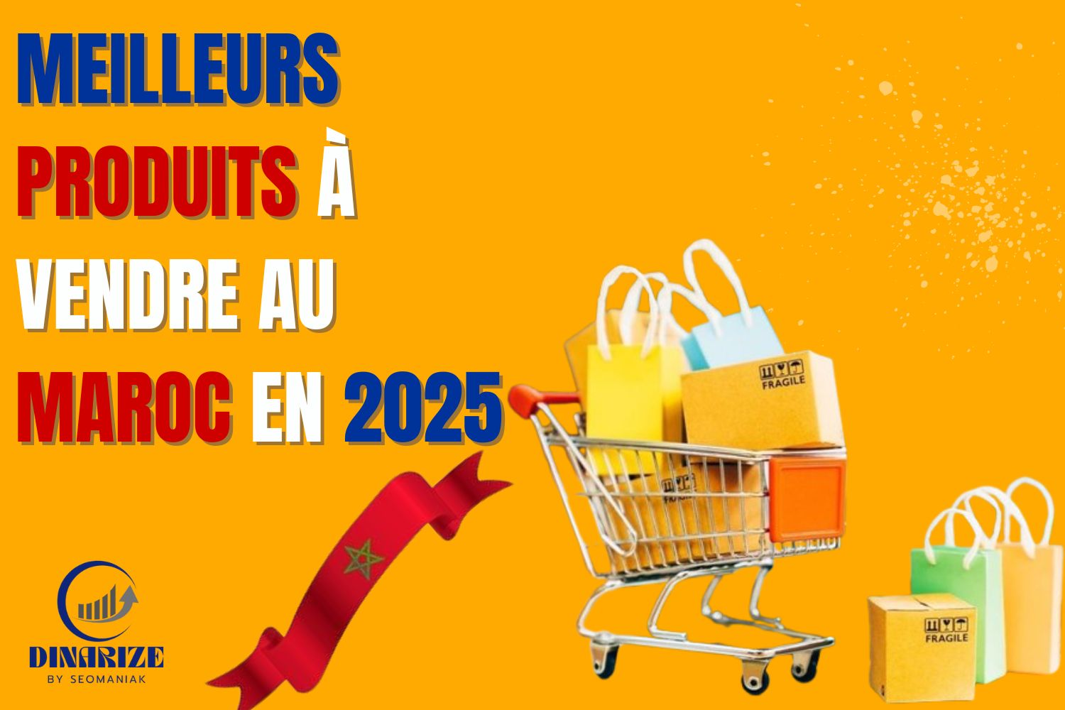 Visuel illustrant les meilleurs produits à vendre au Maroc en 2025 avec un chariot de shopping rempli de sacs et cartons, sur fond orange, logo Dinarize