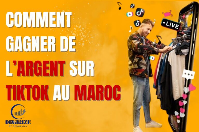 Image colorée avec un fond orange, montrant un homme vendant des vêtements en live sur TikTok via un smartphone. Le texte en grand indique : « Comment gagner de l’argent sur TikTok au Maroc ».