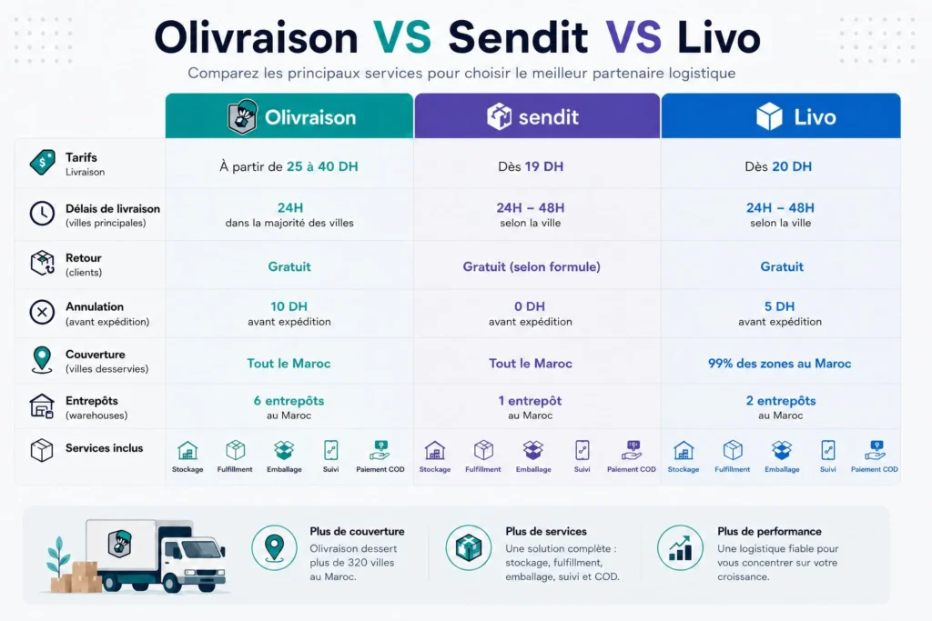 Comparaison Olivraison, Sendit et Livo pour la livraison e-commerce au Maroc